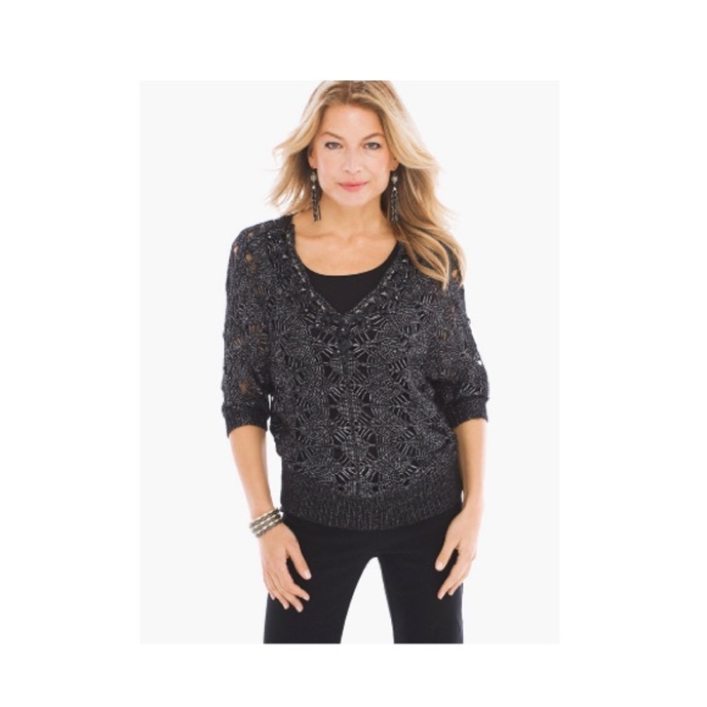 Chico’s Black & Silver Woven Embellished Sweater